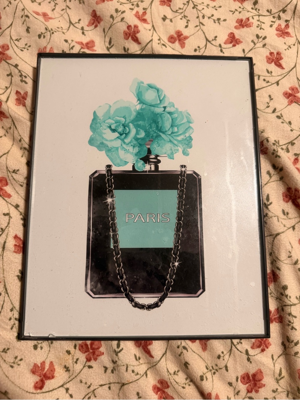 Paris Bottle Wall Art Print in Teal Floral Accent
